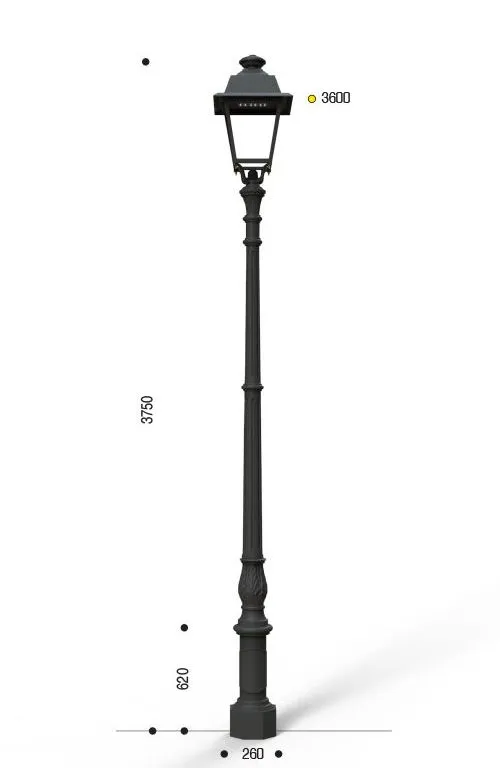 Stâlp artistic clasic din fontă tip Challant cu lanternă pătrată CUT OFF, cablat pentru lampă cu vapori de sodiu la înaltă presiune (HPS)