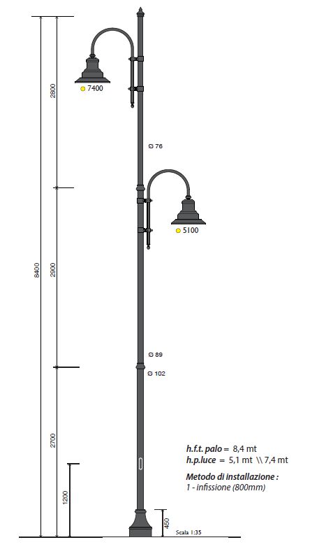 Palo h.f.t. 7,5 con base 326 , e due lampare sfalsate hpl 5m e 7,4m