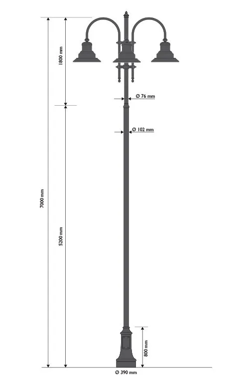Poteau en fonte et acier avec base 311, crosse 505 et lanterne 622.LO SA30 59W 3000K Optique AS