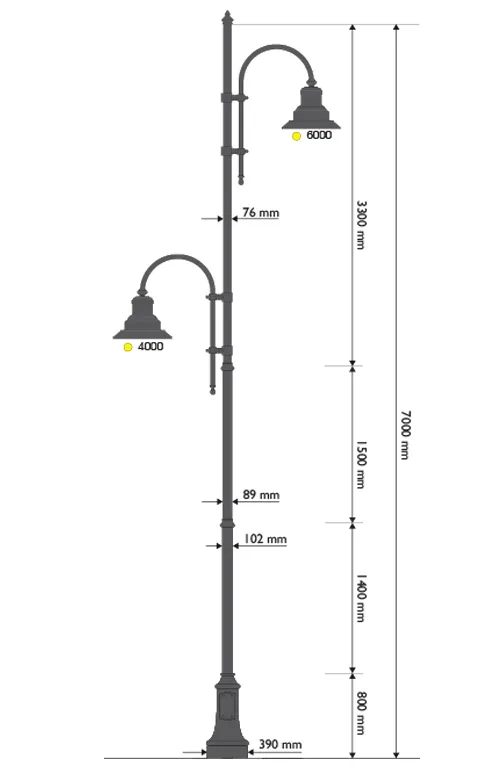 Cast Iron and Steel Lamppost with 311 Base, Two 505 Arms and 622 Lamps