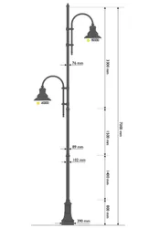 Palo in ghisa e acciaio con base 311, due cime con pastorale 505 e lampare 622
