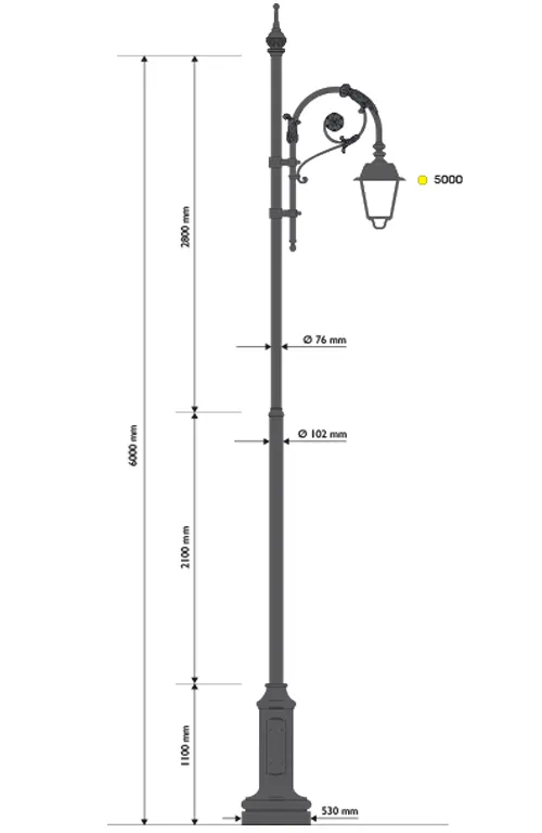 Favara Style Cast Iron and Steel Lamppost with 317 Base, 503.1 Shepherd's Crook Arm, and 602 Lantern
