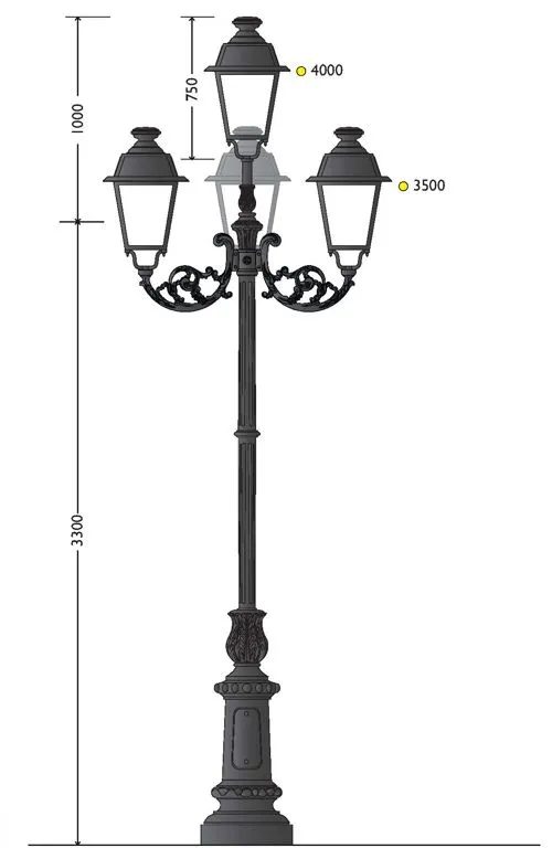 Poste de hierro fundido con base 110, cima triple 405 y cuatro farolas