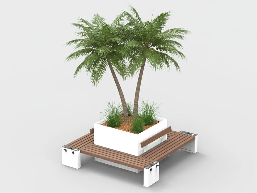 Insulă pătrată cu bănci și jardiniere