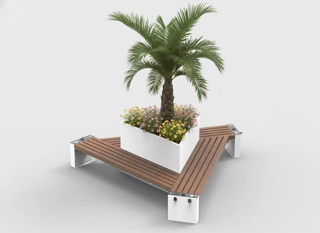 Isla triangular con bancos y jardineras