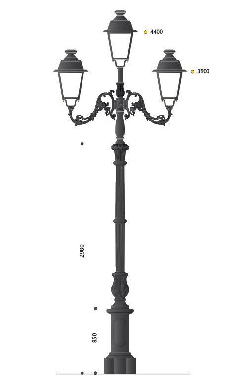 Palo in ghisa grandissimo con tre bracci e tre lanterne cablate LED SA12.P , 42,8W 3702 LUMEN 3000K , OTTICA ASIMMETRICA
