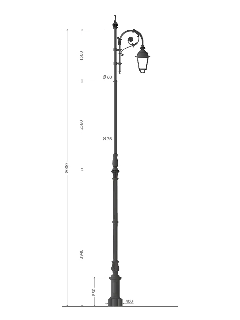 Sehr großer Gusseisenmast mit Sockel Typ 100G und Bernini-Aufsatz in Hirtenstab-Form, Höhe 8 Meter
