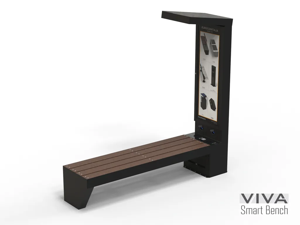 Panchina Smart VIVA ad Energia Solare Ricarica Intelligente IOT ready, seduta e schienale in plastica riciclata 2,1 m ricarica dispositivi WIRELESS USB illuminazione LED e totem di ricarica