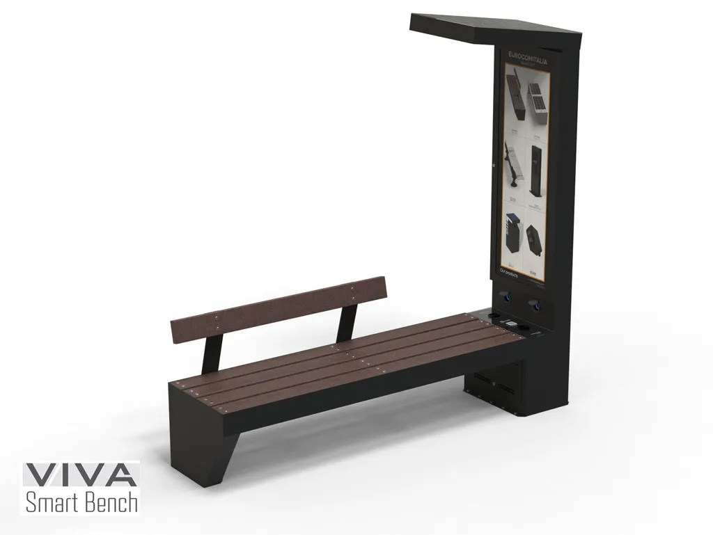 VIVA Solar-Powered Smart Bench, IoT ready, with 2.1m Recycled Plastic Seat, Wireless & USB Charging, LED Lighting, and Charging Totem