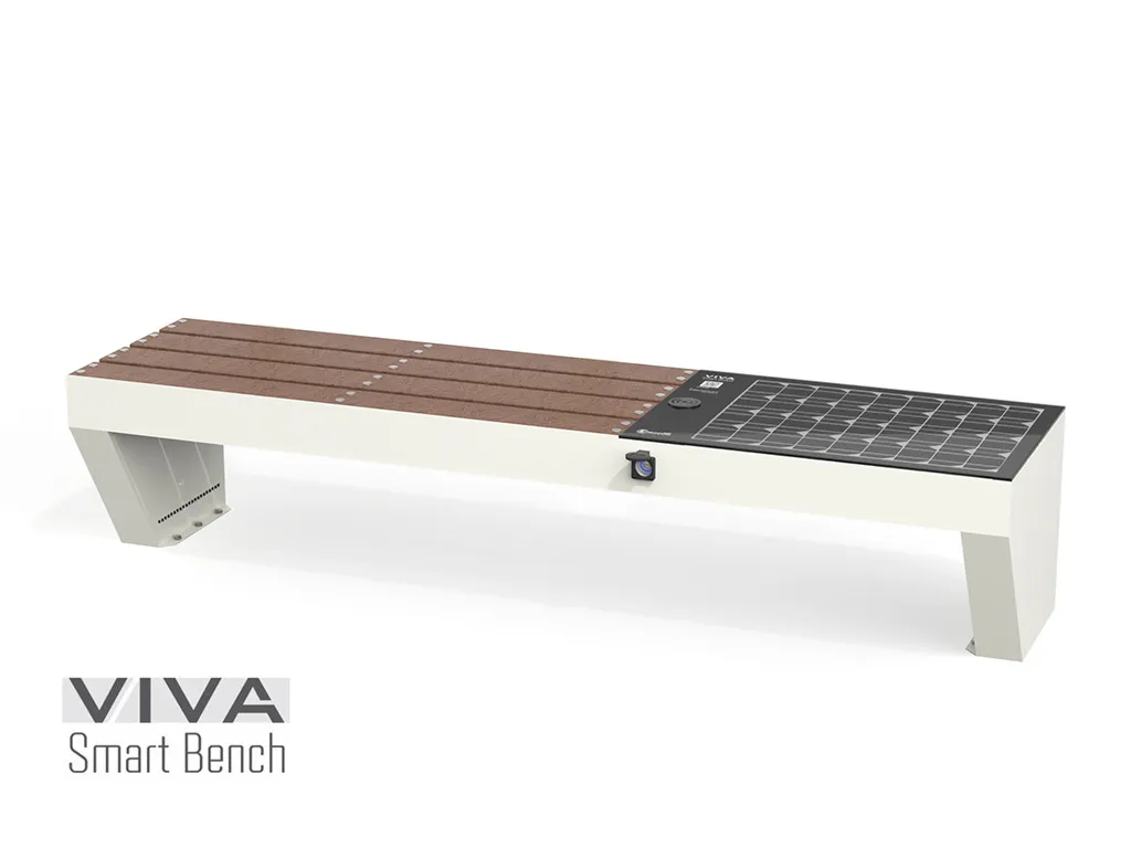 Bancă Smart VIVA SMART cu Energie Solară, încărcare Inteligentă IoT ready, șezut din plastic reciclat 2,1 m fără spătar, încărcare WIRELESS și USB, iluminare LED