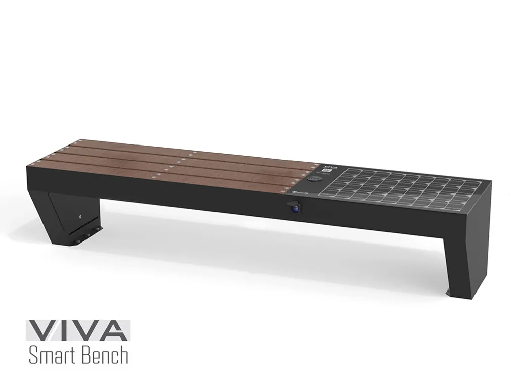 Banco Inteligente VIVA SMART con Energía Solar, Carga Inteligente IoT ready, Asiento de Plástico Reciclado de 2,1 m sin respaldo, Carga INALÁMBRICA y USB, Iluminación LED