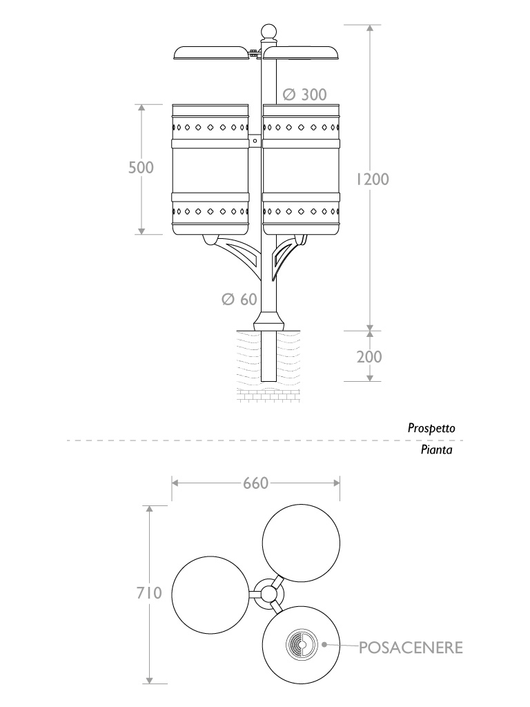Misure Cestino triplo con posacenere