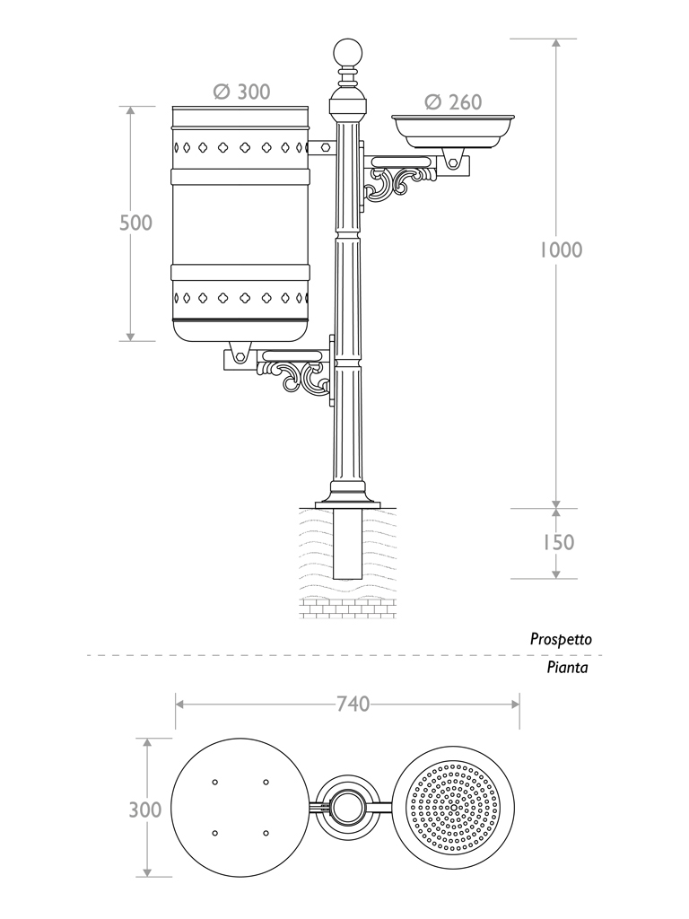 Cestino in acciaio e ghisa Raffaello con posacenere - dettagli