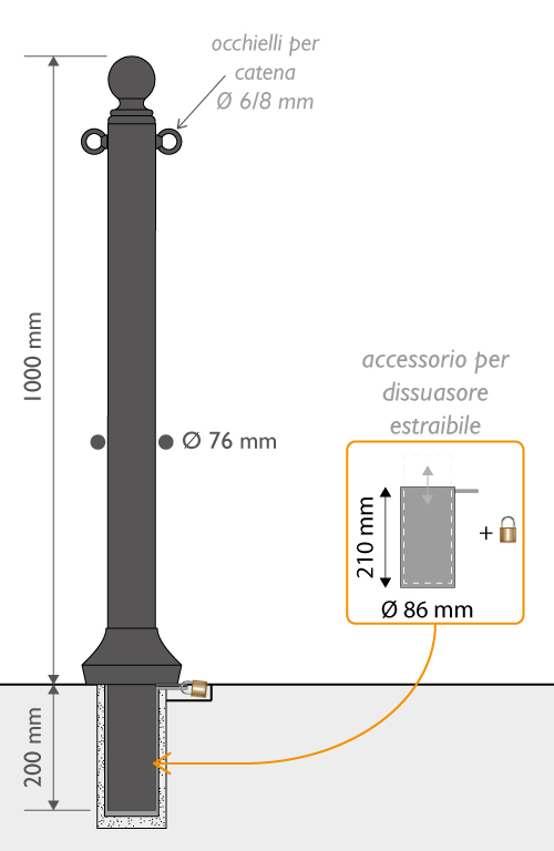 Misure Dissuasore Secchia diam 76 estraibile