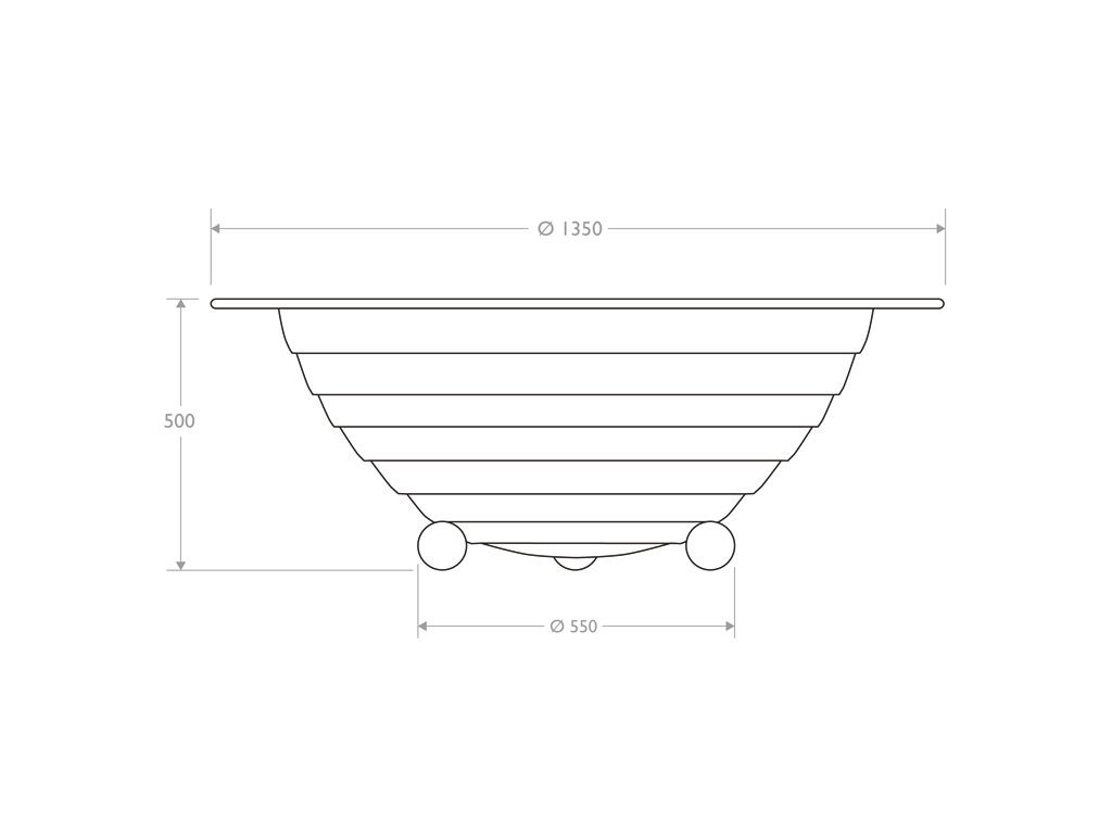 Fioriera rastremata con piedi sferici in ghisa Passiflora lt 600 diametro 1350 mm misure
