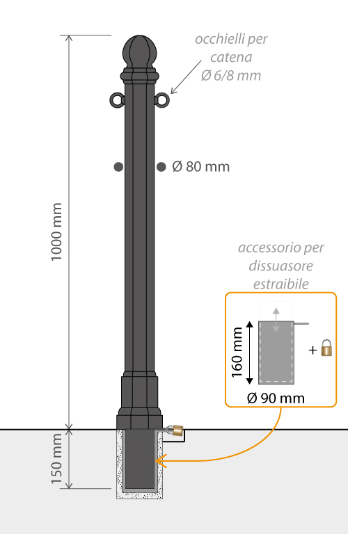 misure 2D dissuasore ghisa acciaio accessorio estraibile Sele cod 320102