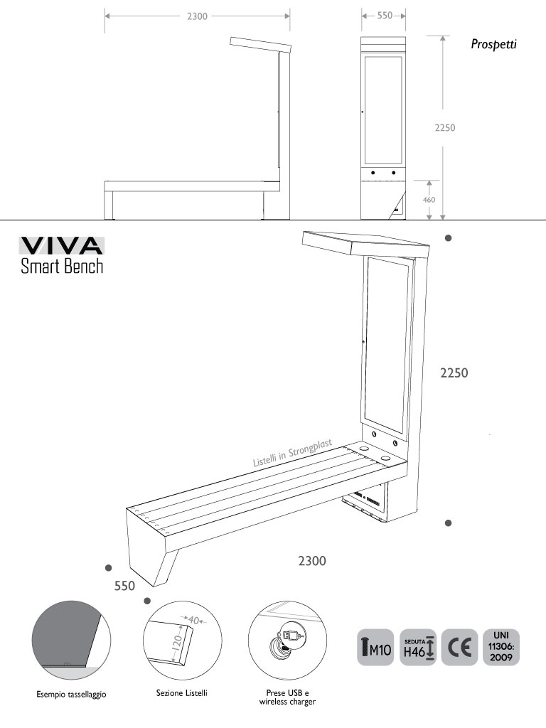 misure 2d panchina viva smart bench ADV SIGNAGE con totem fotovoltaico senza schienale