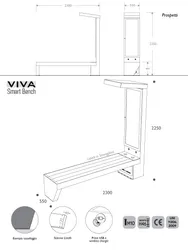 Panchina Smart VIVA ad Energia Solare Ricarica Intelligente IOT ready, seduta e schienale in plastica riciclata 2,1 m ricarica dispositivi WIRELESS USB illuminazione LED e totem di ricarica