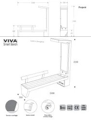 Banc Intelligent Solaire VIVA, prêt pour l'IdO, avec assise en plastique recyclé de 2,1 m, chargement sans fil et USB, éclairage LED et totem de charge