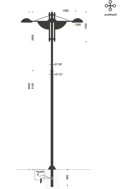 Palo SKY LED a quattro bracci per rotatorie misure