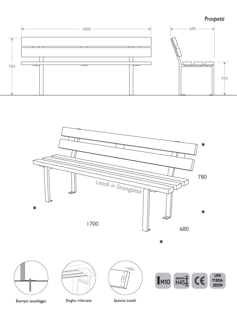 panchina classica acciaio valencia eco dimensioni